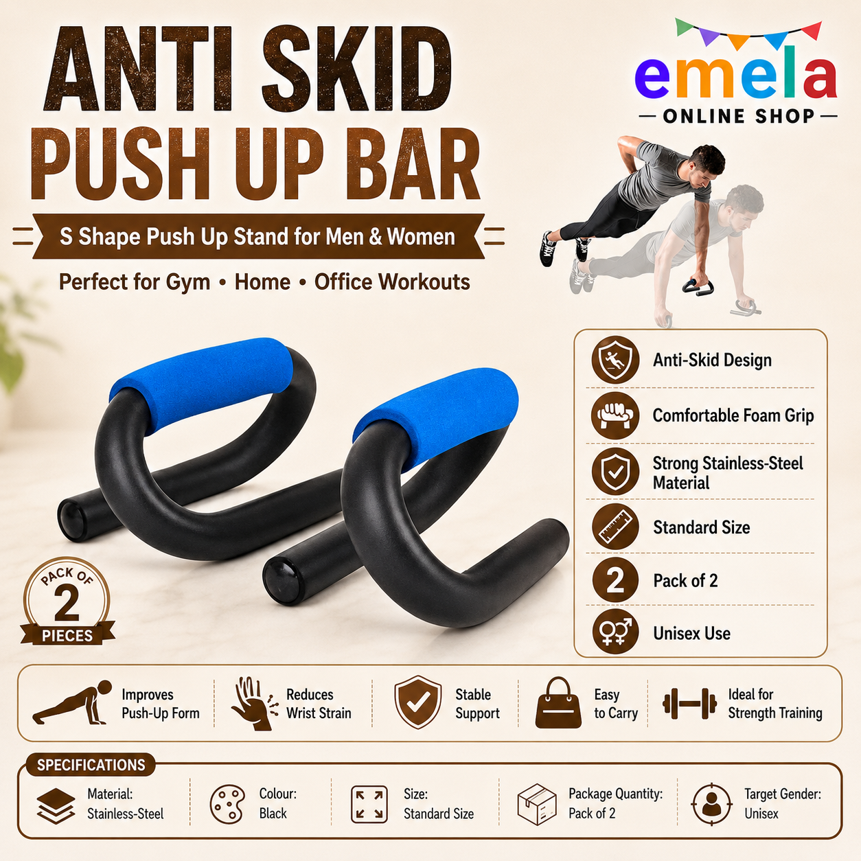 Anti Skid Push up bar S Shape Puch up Stand for Men Workout Dip Stand Puch up Bars for Men for Gym Home Office Puch up Bars for Men & Women