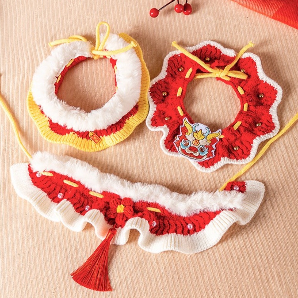 Cute New Year Cat Scarf Hand-Woven Adjustable Pet Plush Collar Lucky Blessing Cartoon Cat Holiday Decor Pet Supplies
