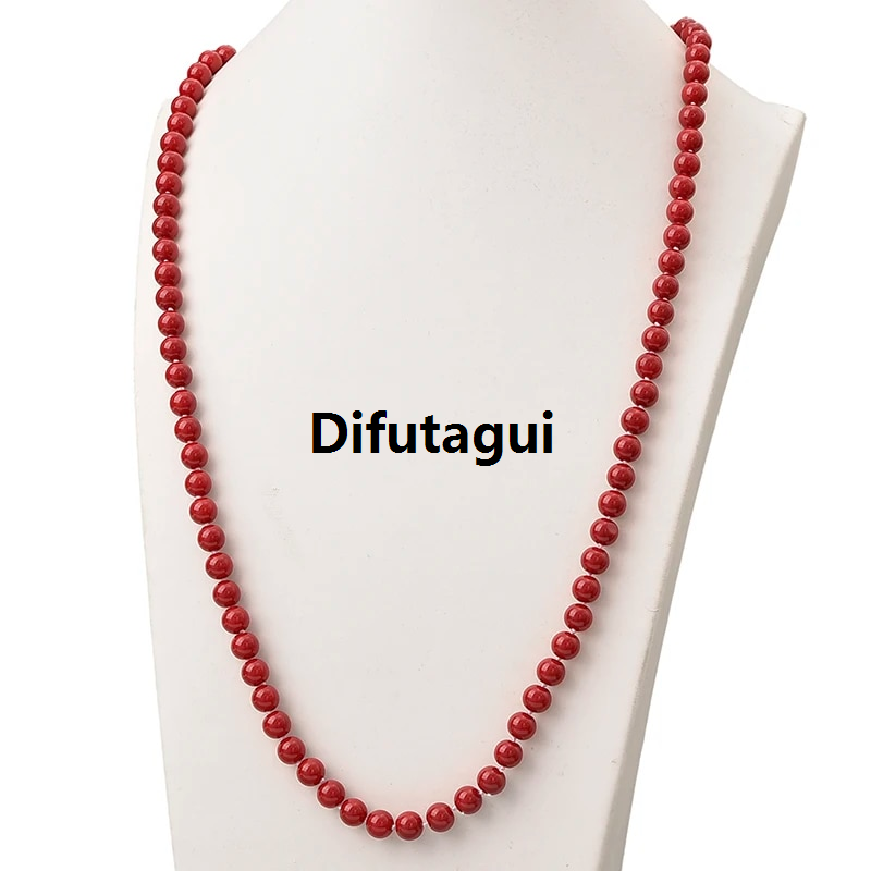 Difutagui New specials Wholesale Dark Round Red Coral Long Pearls Necklace 8mm Size Affordable For Diy Chain Imitation Coral Necklace 36inch Gem Women Gift H869