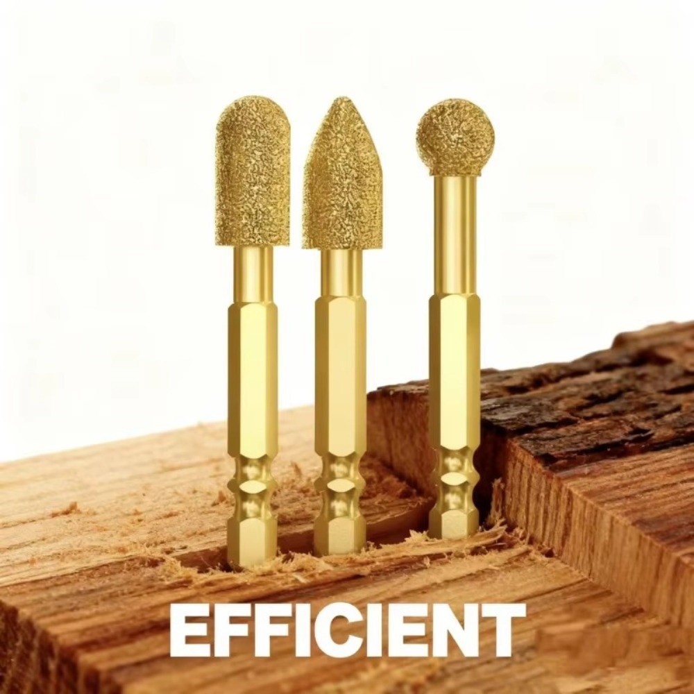 3Pcs High Quality Hexagon Shank Diamond Grinding Head Rotary File Portable Flush Trim Bit Polishing Head Wood Woodworking Tools