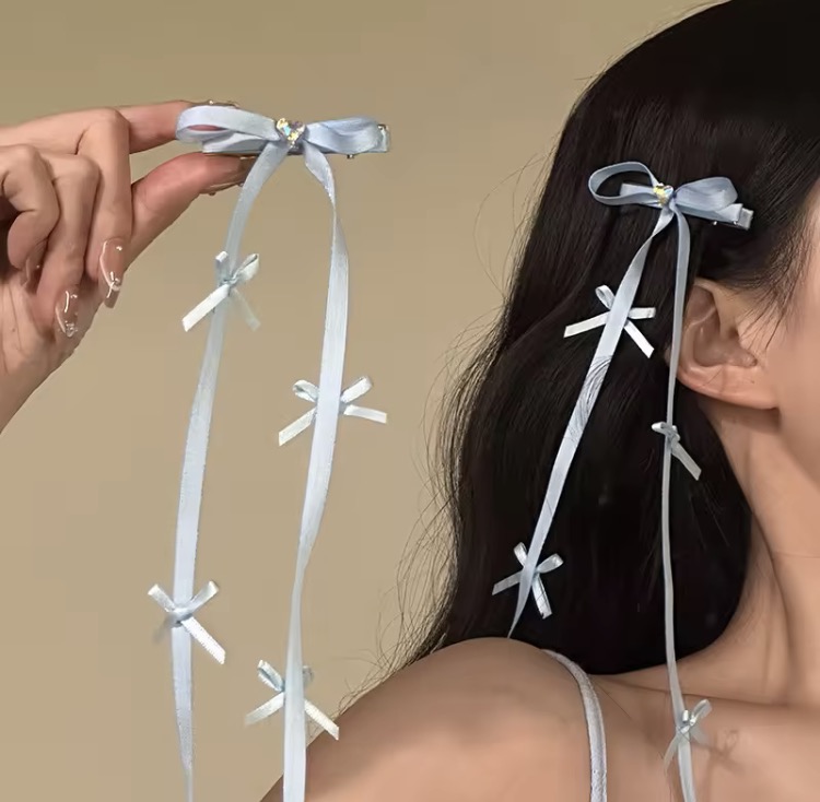 Masala Beads New Sweet Style 1pcs Crystal Long Blue Ribbon Hair Clip Ballet Inspired Little Bow Tie Girlish Kawai Hair Accessories Gifts
