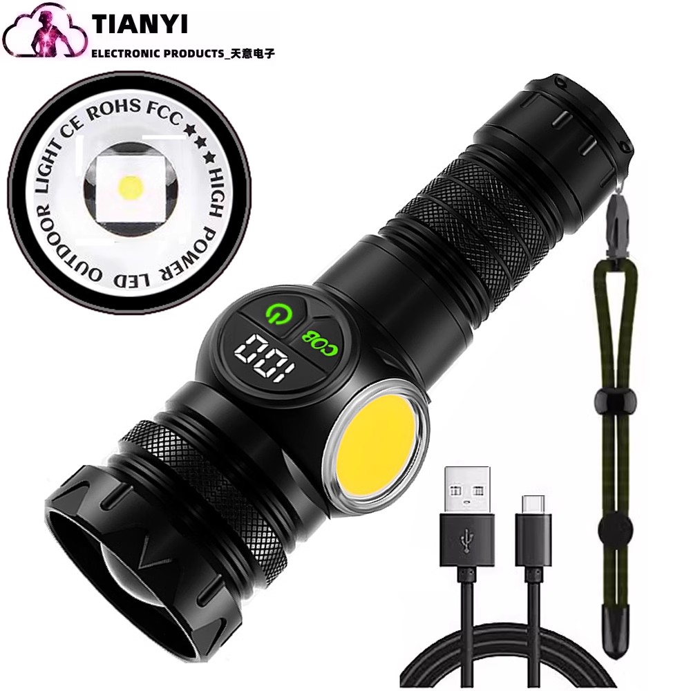 Hot Selling 3 in 1 Rechargeable Flashlight True 5000 Lumens Outdoor Strong Cob Light, 5000mAh Zoomable Beam LED Flash Light with Magnet