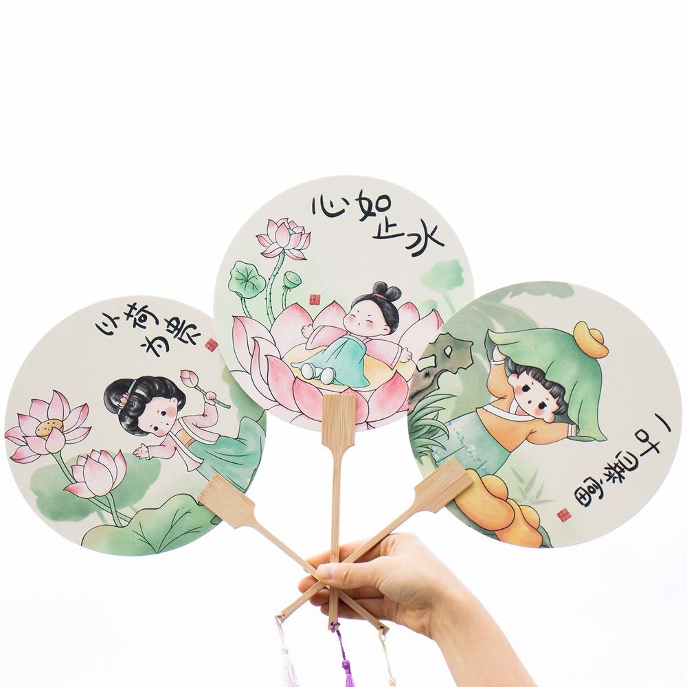 Portable Cute Vintage Paper Hand Fan Long Handle Handmade Chinese Style Circular Fan with Tassels Portable Round Fan Summer