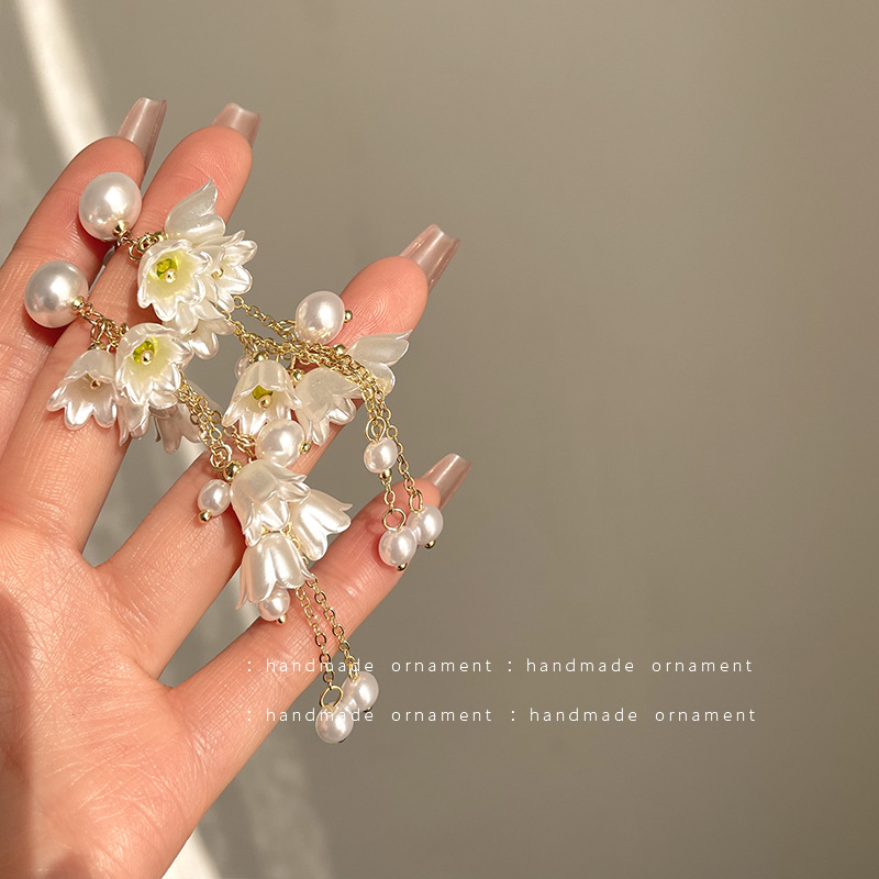 【Mega Sale】Super Fairy Earrings Women's White Silver Needle Earrings Spring and Summer Jewelry Tassel Fake Bell Elegant Ear Clip