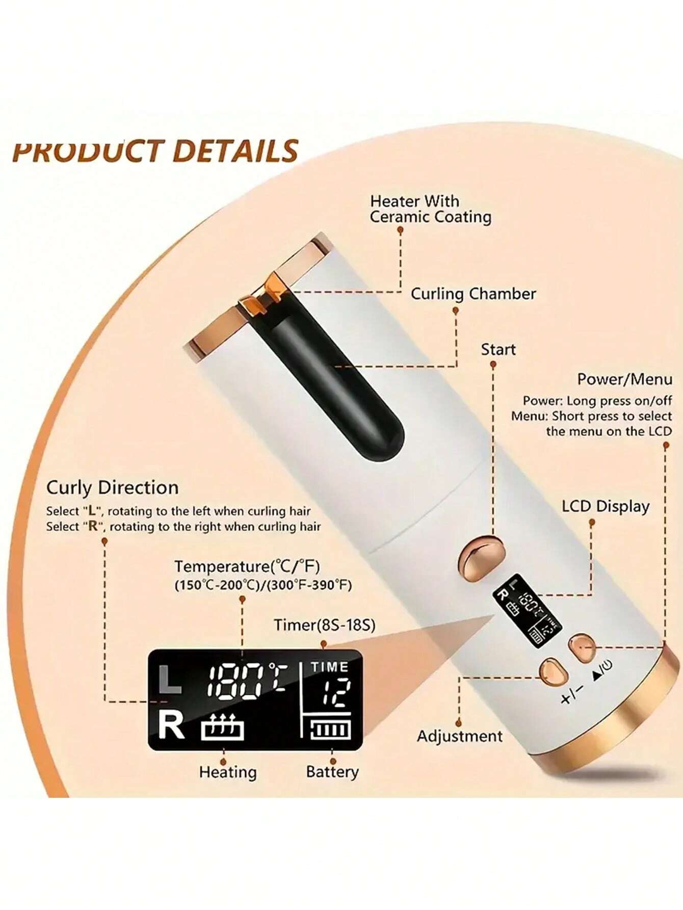New style Portable and rechargeable timer set, with ceramic rotating barrel automatic curling iron, 6 temperatures and, fast H