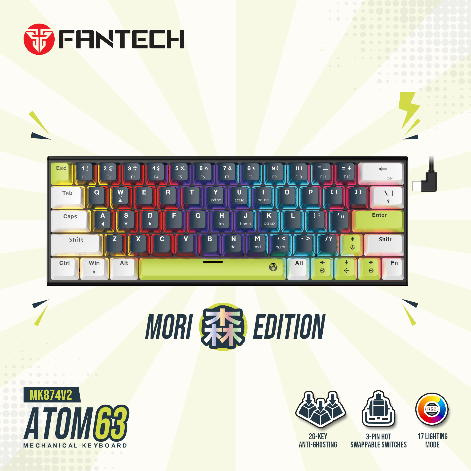 Fantech ATOM 63 MORI EDITION Wired Mechanical Keyboard hotswapable Keycaps computer (WHITE/BLUE(RED SWITCH)