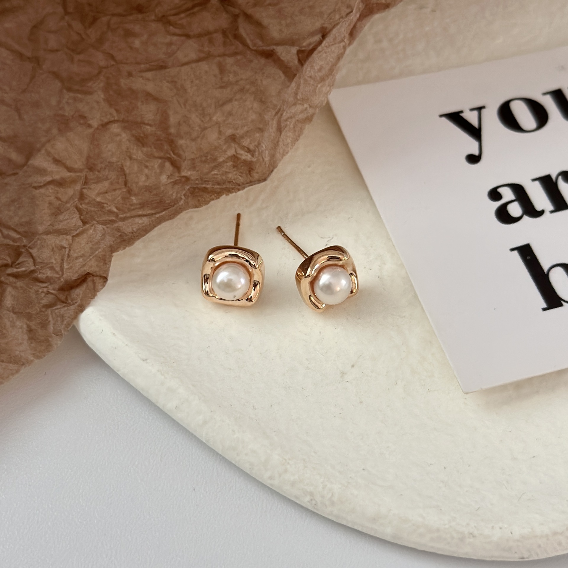 【Special offer】Natural Freshwater Pearl Earrings Women's Niche Light Luxury Simple Stud Sleeping Free Earrings Square Geometric Earrings