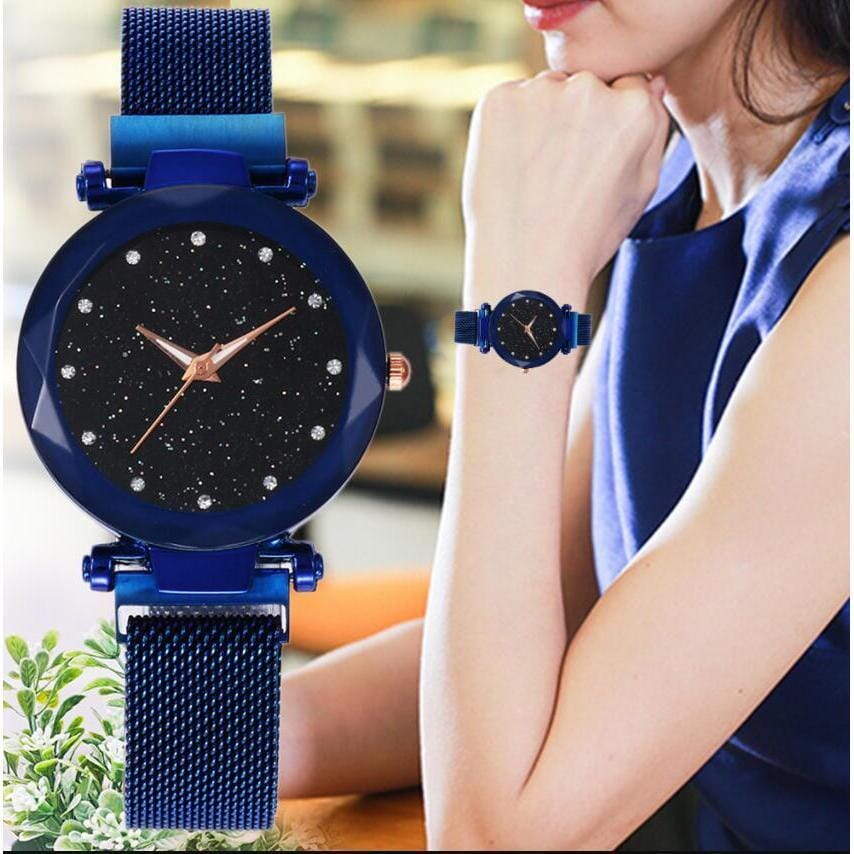 Blue Magnetic Starry Sky Diamond Quartz Fashion Watch For Women | Blue Round Black Dial Fashion Watch For Women