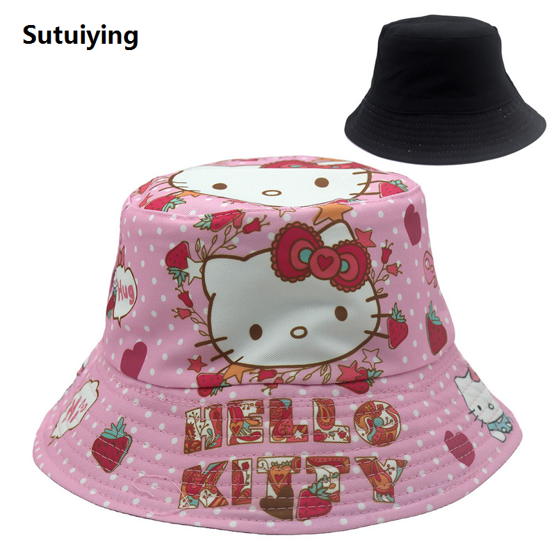 Sutuiying Sanrio Fisherman Hat Cartoon Cute Kuromi Hello Kitty Figure Print Portable 54cm Children Outdoor Universal Sun Hat Friend Birthday Gift