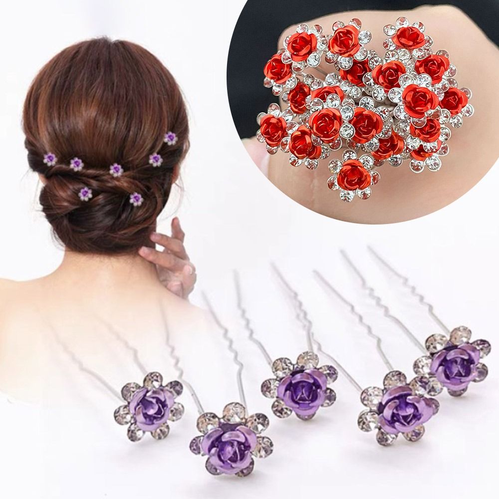 20Pcs Charm Metal Rose Flower Hairpin Stick Headwear U-shaped Bridal Hairpin Headdress Crystal Rose Hair Fork Wedding
