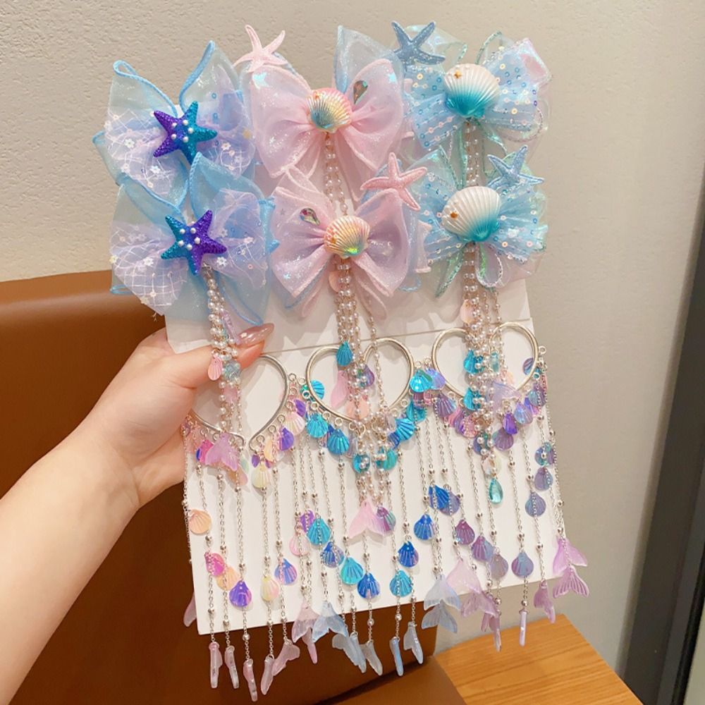 Fashion Cute Hair Clip Sweet Creative Bow Accessories Fairy Mermaid Pearl Tassel Forehead Chain for Children