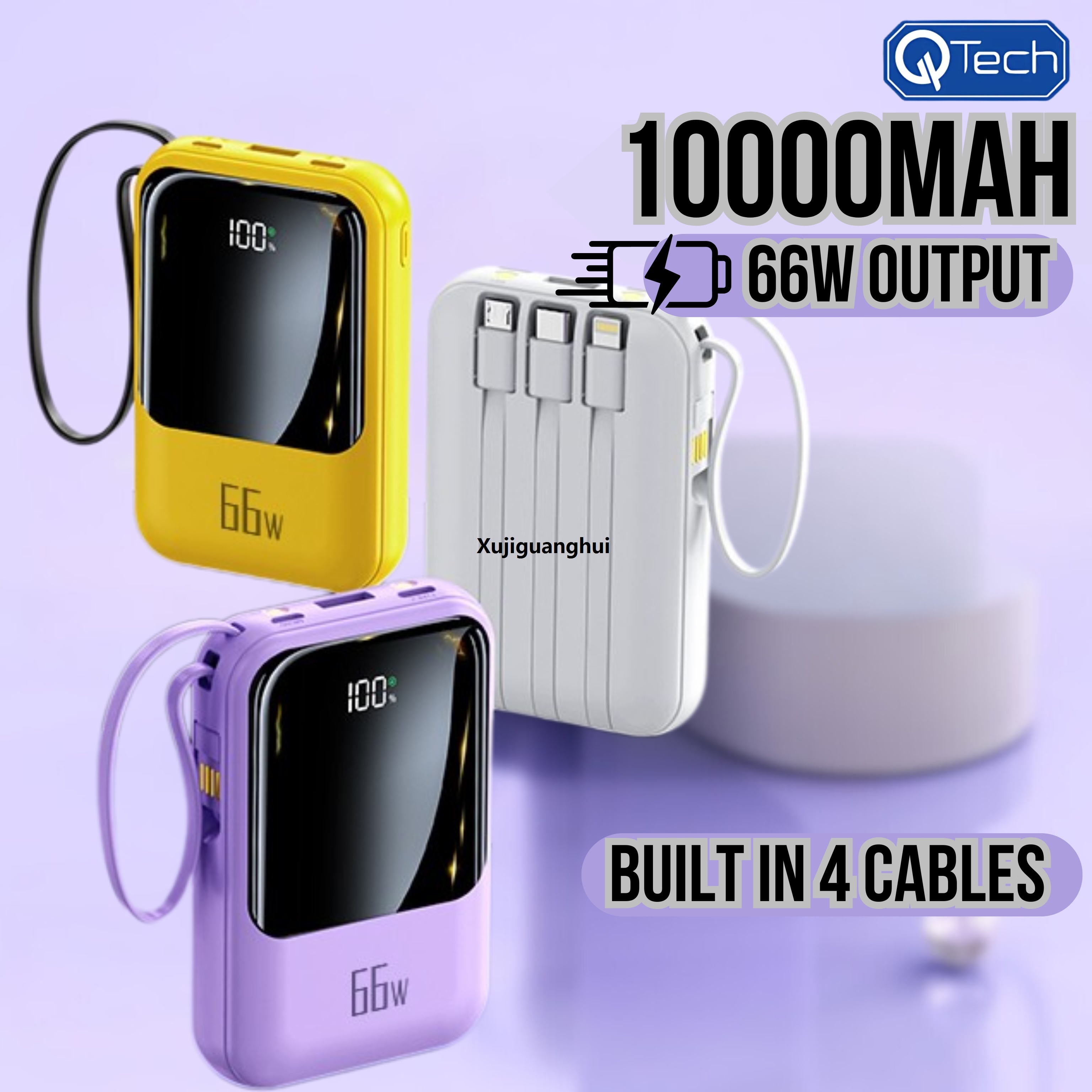 Xujiguanghui Q129 10000mAh Powerbank with 66W Super Fast Charging 20W PD Output | Built-in 4 Cables | Digital Display for Luxury Real-Time Charging | Compact High-Speed Powerbank by Qtech | Fast Charging for Android, iPhone, Laptops More