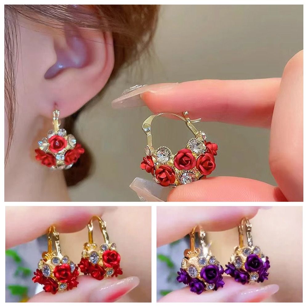 Elegant Alloy Rose Studded Earrings Flowers Studded Diamonds Diamond Earrings Flowers Earrings Women's