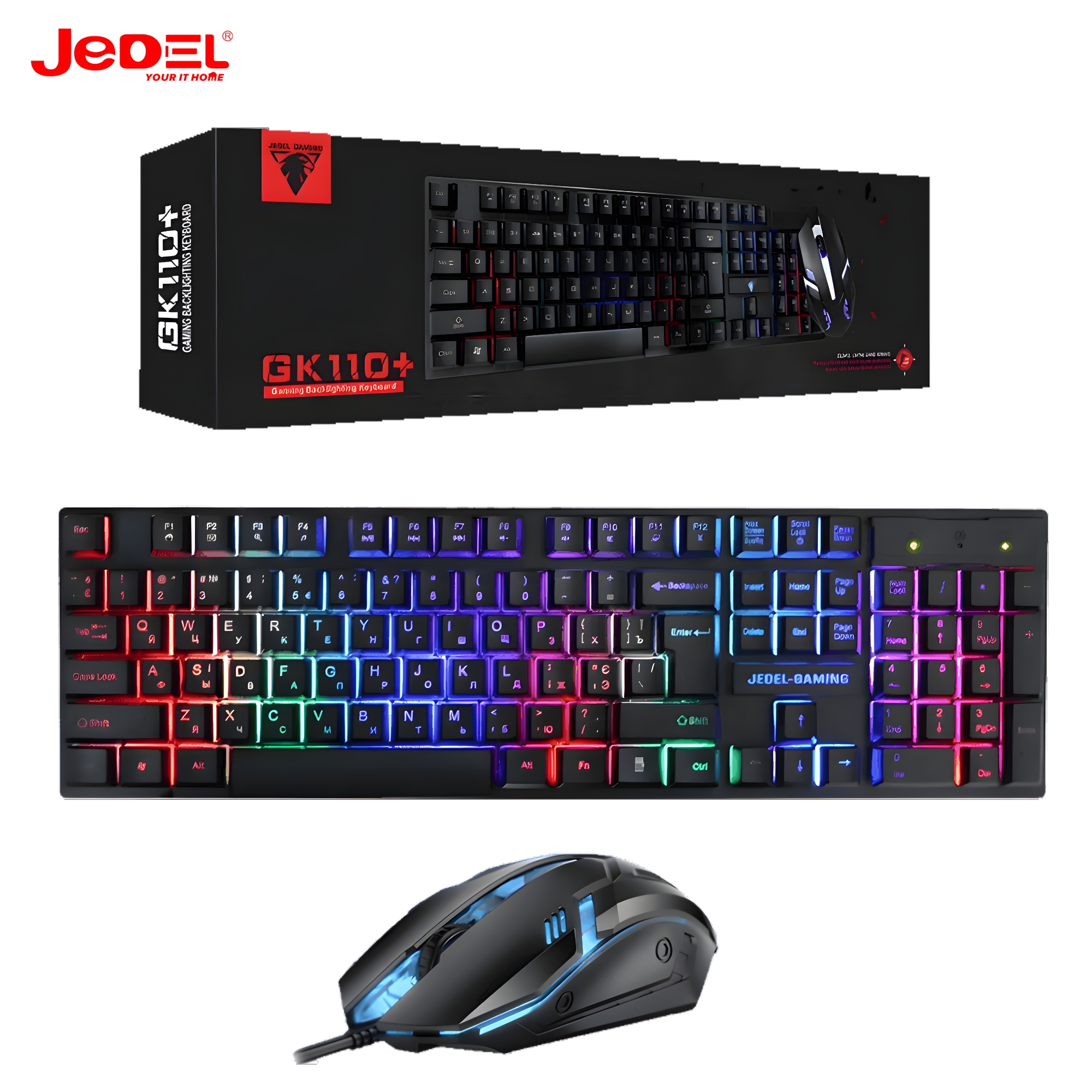 Jedel GK110+ RGB Gaming Keyboard Mouse Combo Wired 104 Keys Backlit USB Optical 3200 DPI 4D Mouse Full Size Multimedia Keys for PC Laptop Desktop Gaming Setup