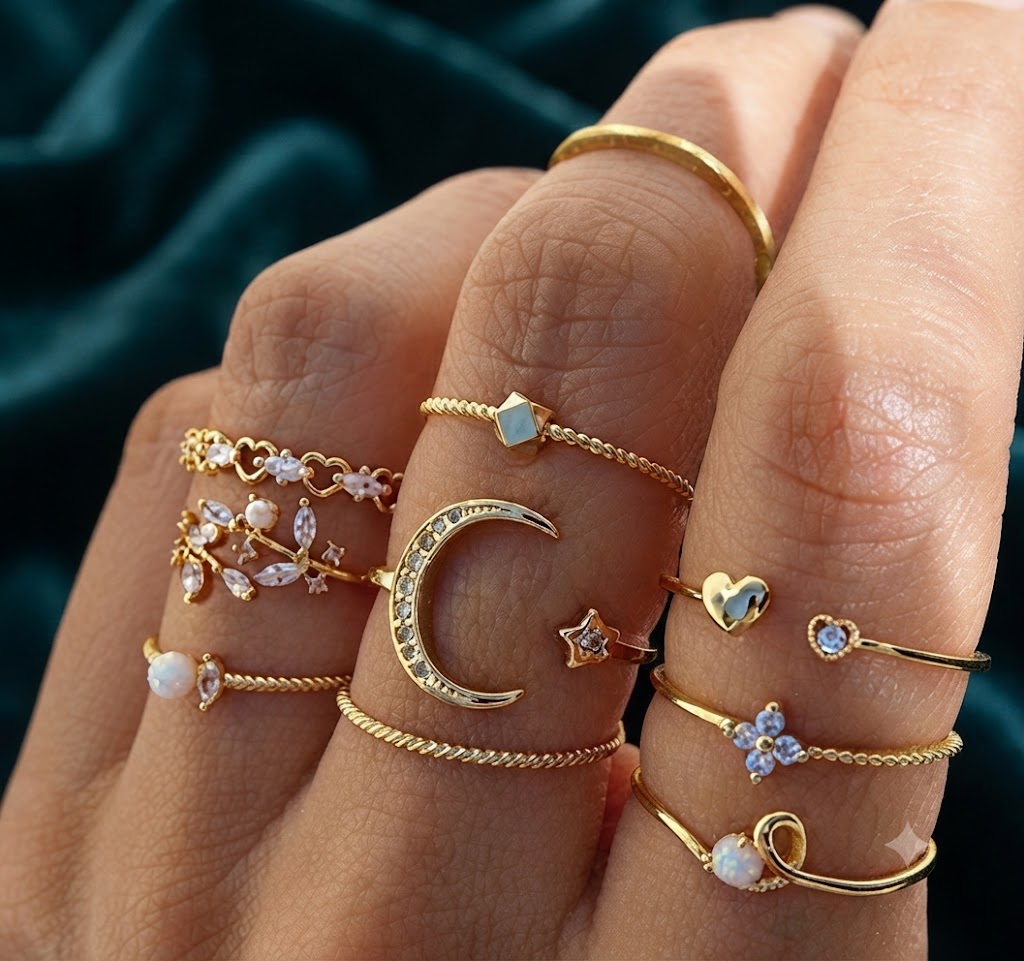 10ps Ring Minimalist Gold Stackable Ring Set for Women | Moon, Star, Heart & Pearl Adjustable Rings