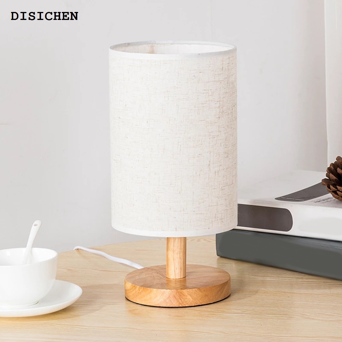 DISICHEN Portable New specials Linen Table Lamp LED Linen Night Lamp w/Warm White Light Nightstand Lamp Wooden with Cylinder Shade Table Lights Living Room