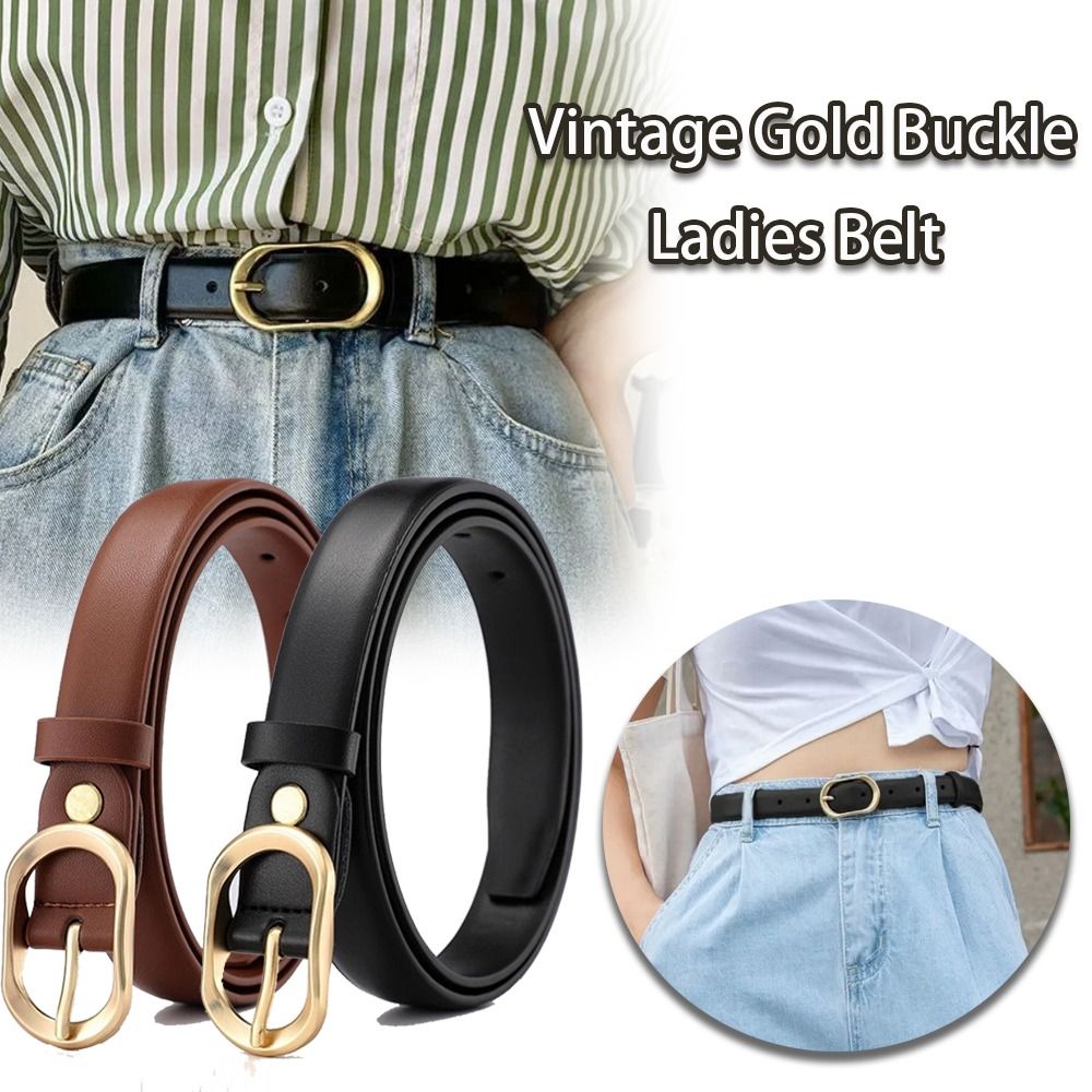 New Vintage Gold Buckle Ladies Belt Aristocratic Portable Black Brown Thin Waist Belt Clothing Accessories Jeans Suit Belts