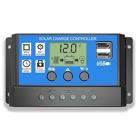 Solar Charge Controller, Lpluziyyds 10A Solar Panel Controller 12V/24V PWM Auto Parameter Adjustable LCD Display Solar Panel Battery Regulator with Dual USB Port
