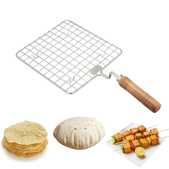 Papad Jali Roast Paneer Grill Roti Maker Barbeque Jali Roaster Chapati Toast Wooden Handle Vegetable
