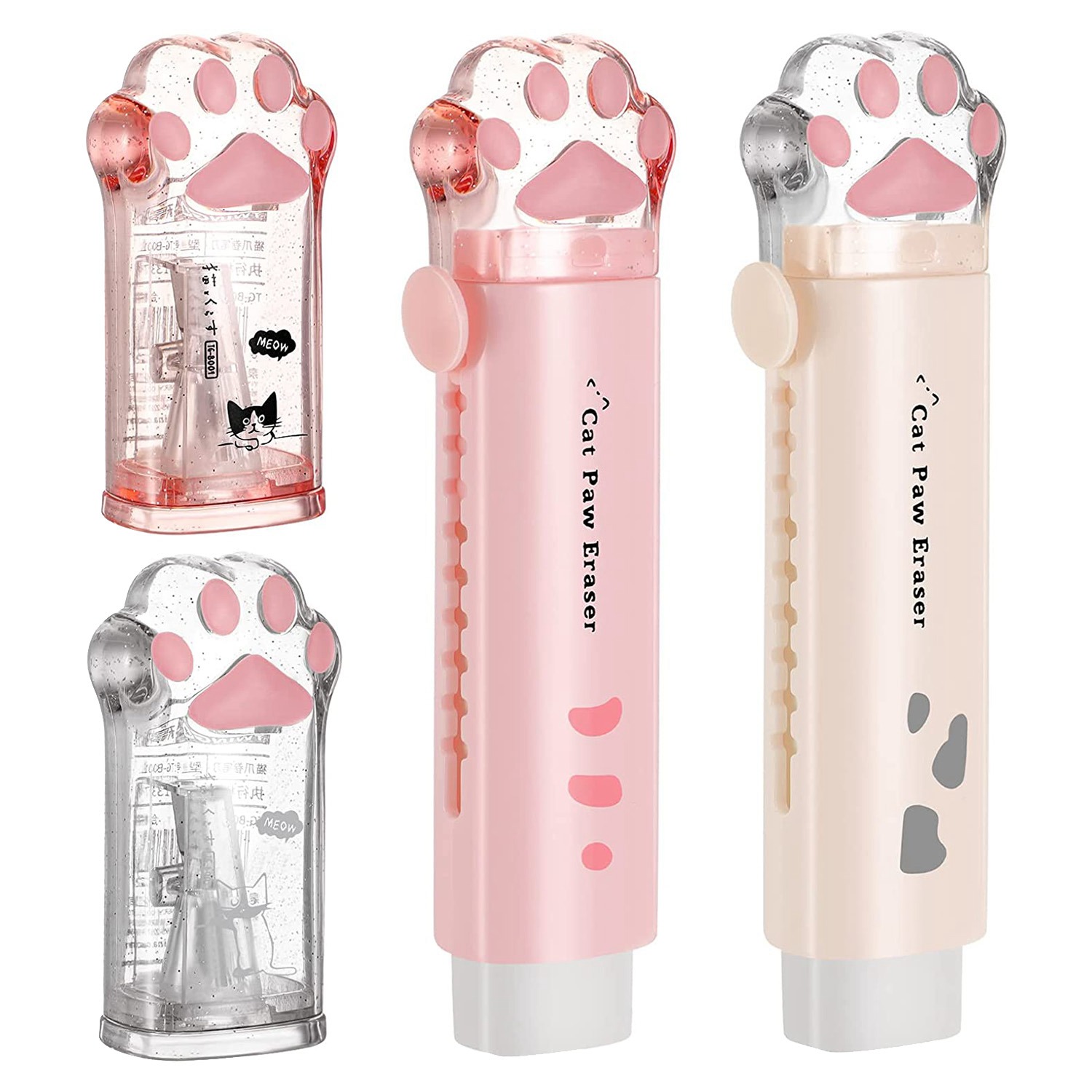 4 Pcs Cat Shaped Retractable Eraser Kawaii Pencil Sharpener