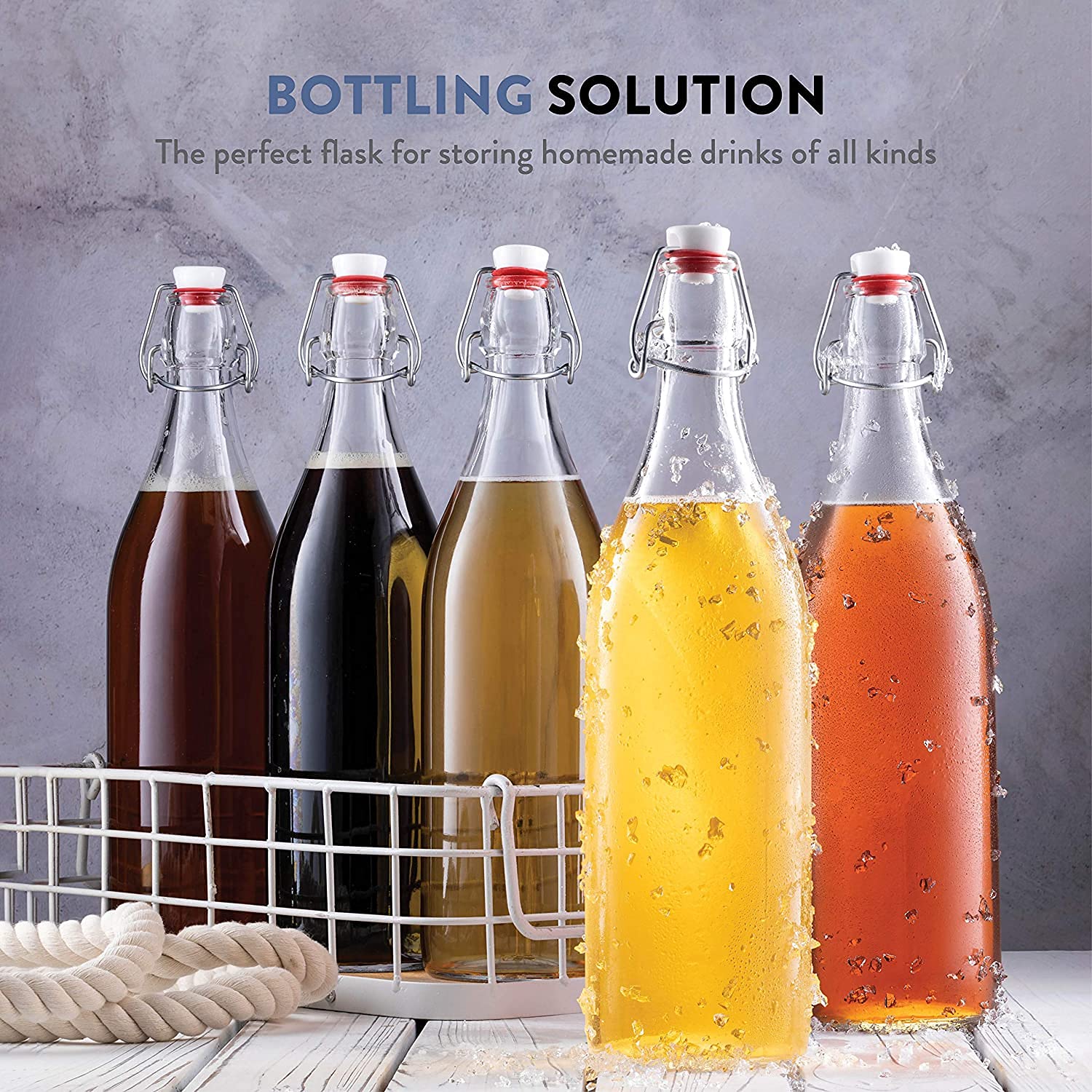 Flip Top Transparent Glass Water Bottle for Beverages, Oil, Vinegar, Beer, Water, Soda, Airtight Lid - 1 Litre
