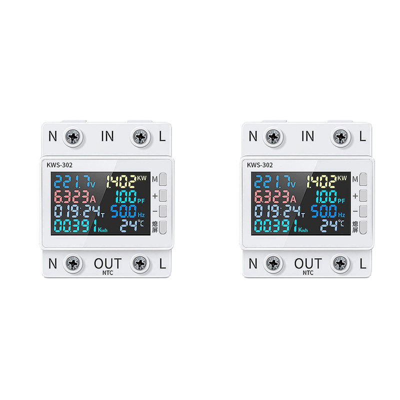 JAERBEE 2X Tuya No WiFi Power Meter Color Screen 2P Multifunction AC Energy Meter Remotely APP Control 170-300V/63A -B
