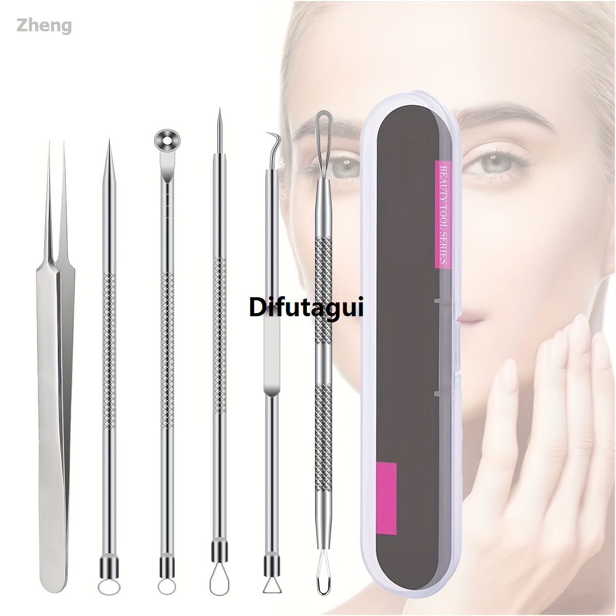 Difutagui Zheng , professional stainless steel 6-piece acne blackhead High Quality 2025 New tweezers, blackhead acne tweezers cleansing tool
