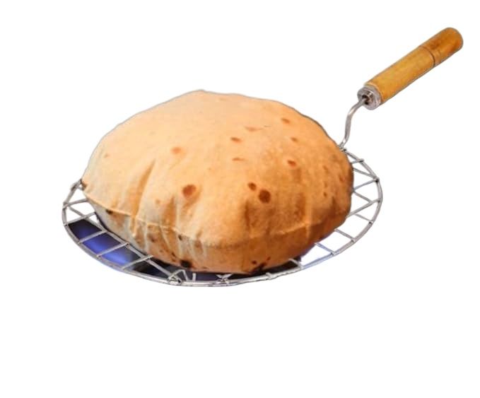 SQUARO Stainless Steel Roaster Papad Jali Chapati Tandoor Bread Roster Pizza Barbecue Grill with Wooden Handle (Small Shape - Round, Diameter - 23 cm)
