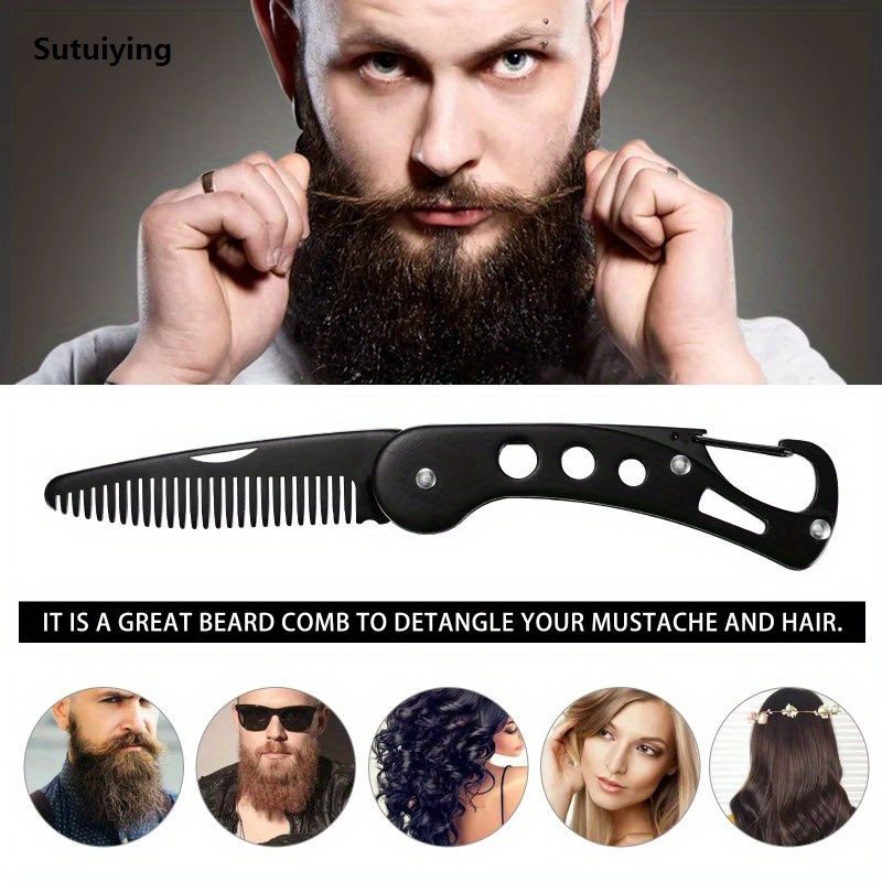 Sutuiying 1pc Stainless Steel Folding Comb Men Beard Styling Combs Anti Static Fashion Portable Mustache Comb Multifunctional Hairdressing Tools