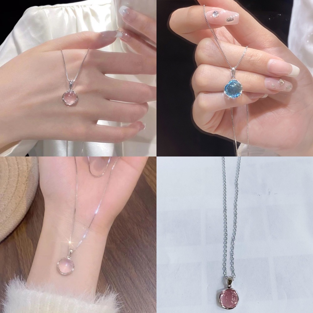 Fashion Korean Style Round Pendant Necklace Elegant White Chalcedony Crystal Pendant Necklace High-end Simple Niche Necklace