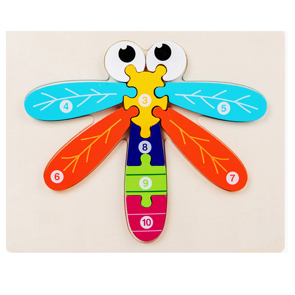 Montessori Wooden Dragonfly Number Puzzle for Kids - 10 Piece Colorful Jigsaw Toy for Kids Learning Numbers, Shapes & Colors