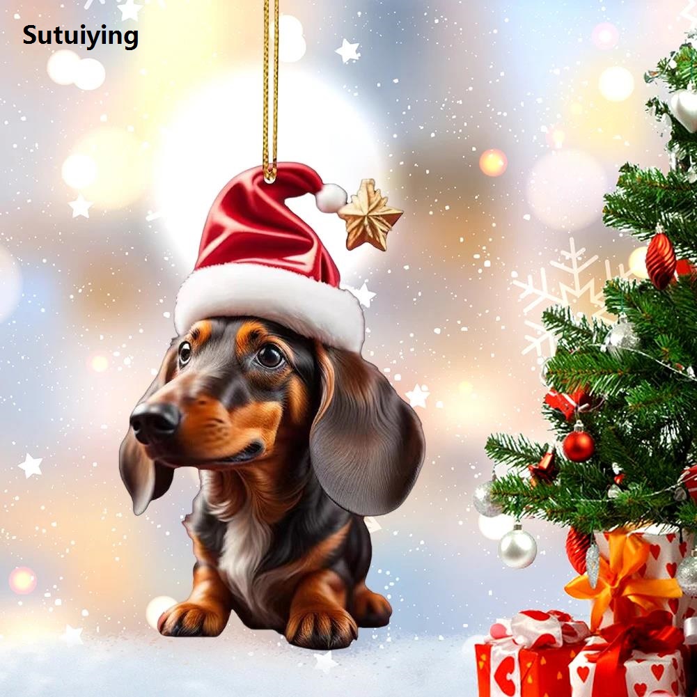Sutuiying Cute Dog Christmas Hanging Ornaments Acrylic Cartoon Dog Hanging Portable Pendants Dachshund Xmas Personalized Gifts Home Party Decor
