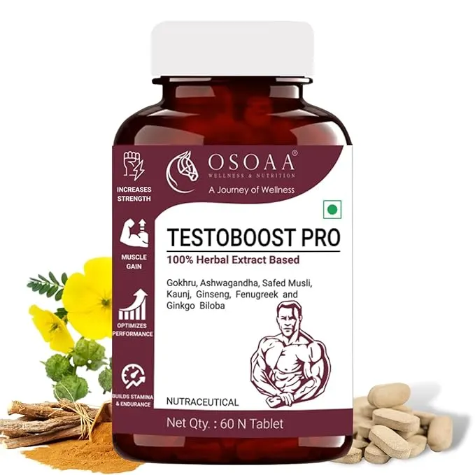 OSOAA Testo Tablets for Men (60 Tablets)- 8 Ayurvedic Herbs for Daily Wellness and Strength | 1000mg Tribulus, Ashwagandha, Safed Musli, Ginseng, Kaunj Extract