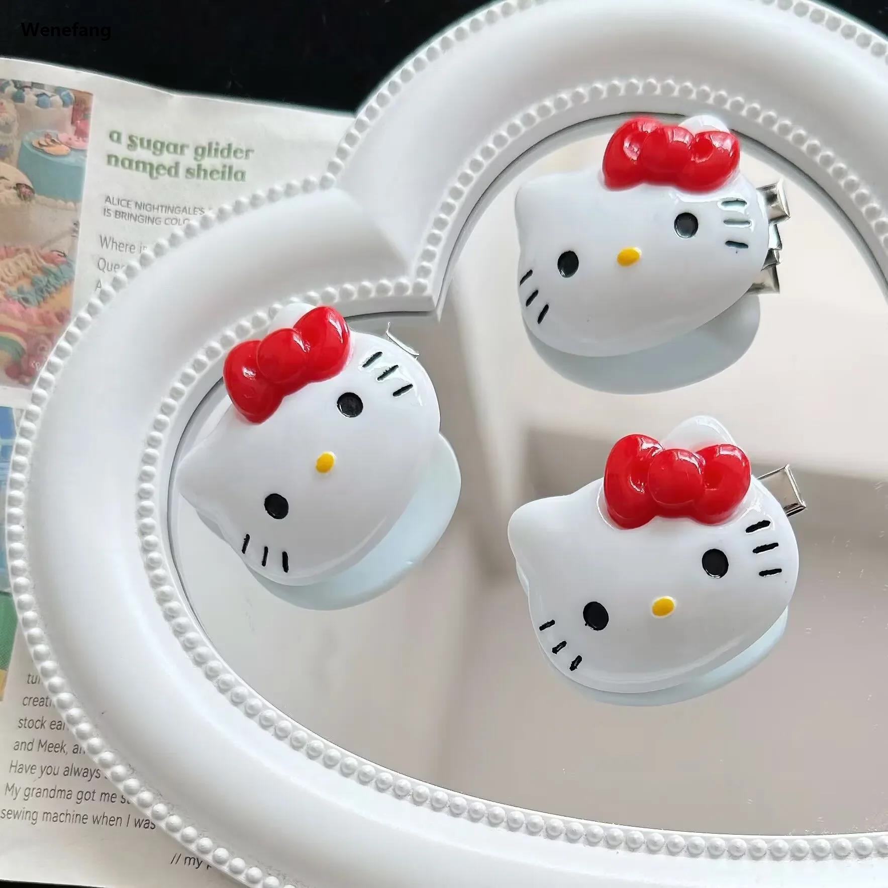 Wenefang Sanrio Anime Cartoon Hairpin Hello Kitty Big Head Red Bow Girl Luxury Kawaii Duckbill Hairpin Side Clip Headwear Cute Girly Heart