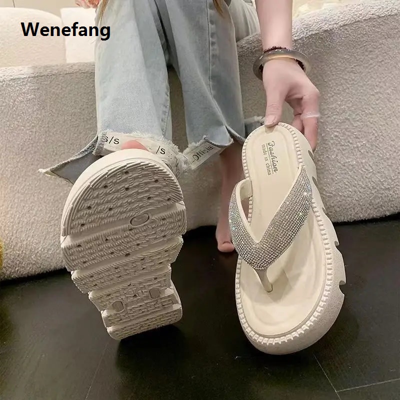 Wenefang Woman 2024 Trend Rhinestone Flip-flop Slippers Thick Soles Outdoor Wear Fashionable Beach Shoes Indoor Anti Slip Sandals Shoes