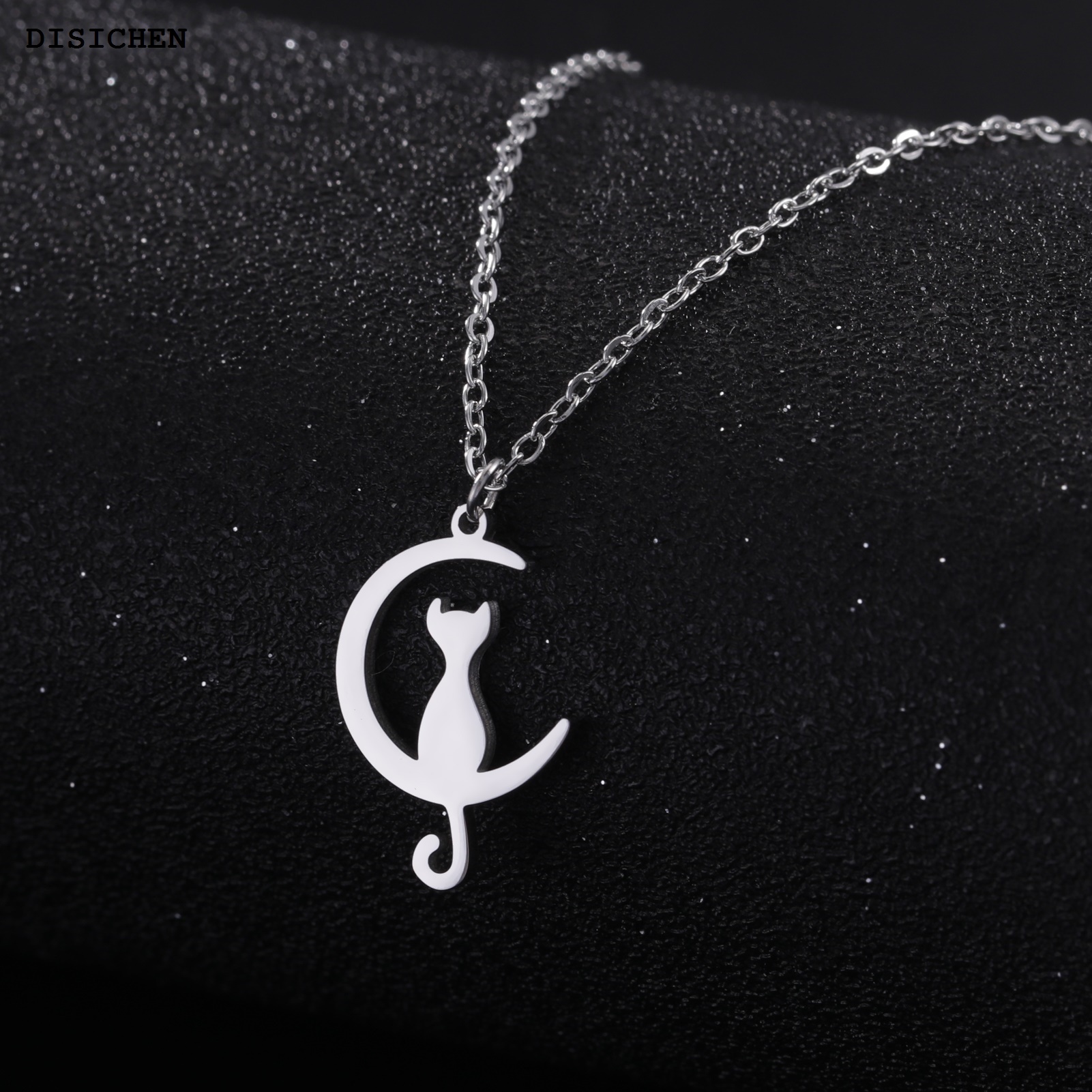 DISICHEN Special Kkjoy Fashion Stainless Steel Gold Color Cute Cat Moon Pendant Necklace For Women Girls Animal Choker Jewelry Gifts Wholesale
