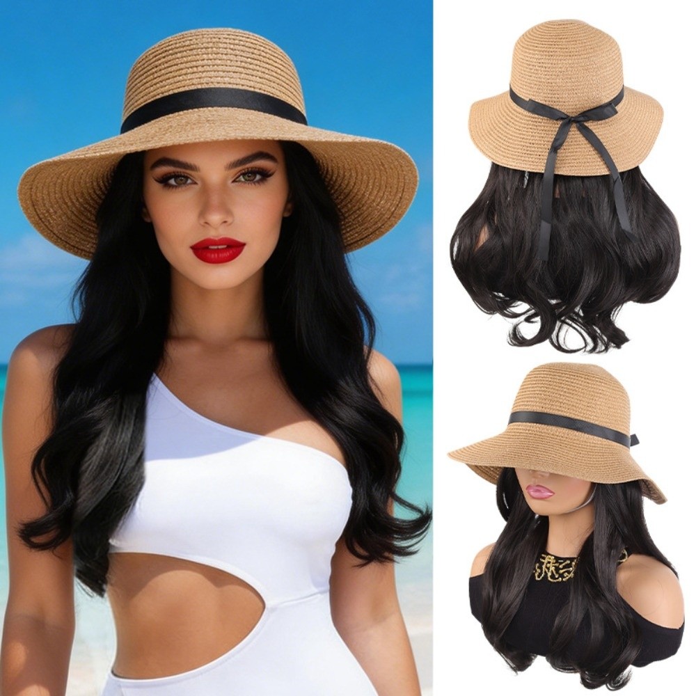 Casual Sun Protection Summer Straw Sun Hat Wig Wide Brim Foldable Fisherman Hat with Built-in Wig Hairpiece Fluffy Long Straight Hair Women