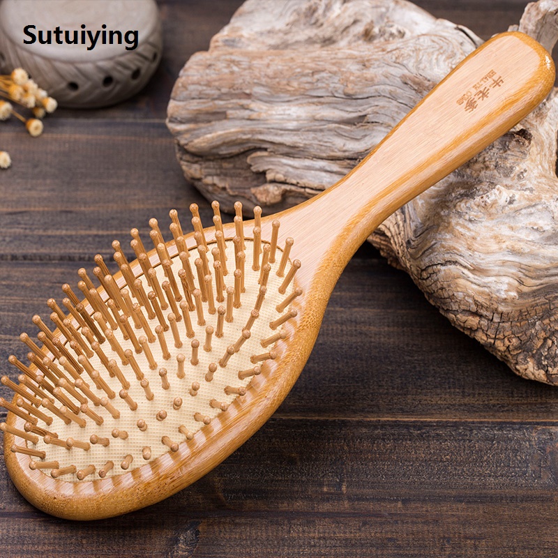 Sutuiying Bamboo Hair Brush Set Natural Wooden Comb for Women Men Paddle Detangling for Dry Curly Thick Thin Straight QN06