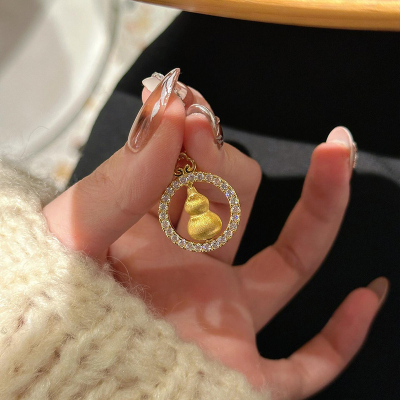 【Unlimited repurchase】【Unlimited repurchase】Ancient Method Golden Rotary Brushed Gourd Necklace Women's Vintage National Style New Chinese Pendant Full Zirconium Clavicle Chain