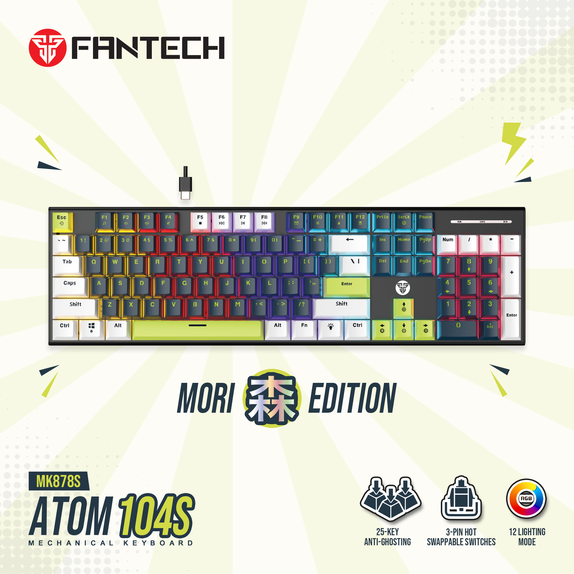 FANTECH ATOM104S MK878S MORI Mechanical Wired Keyboard-BLUE(RED SWITCH)
