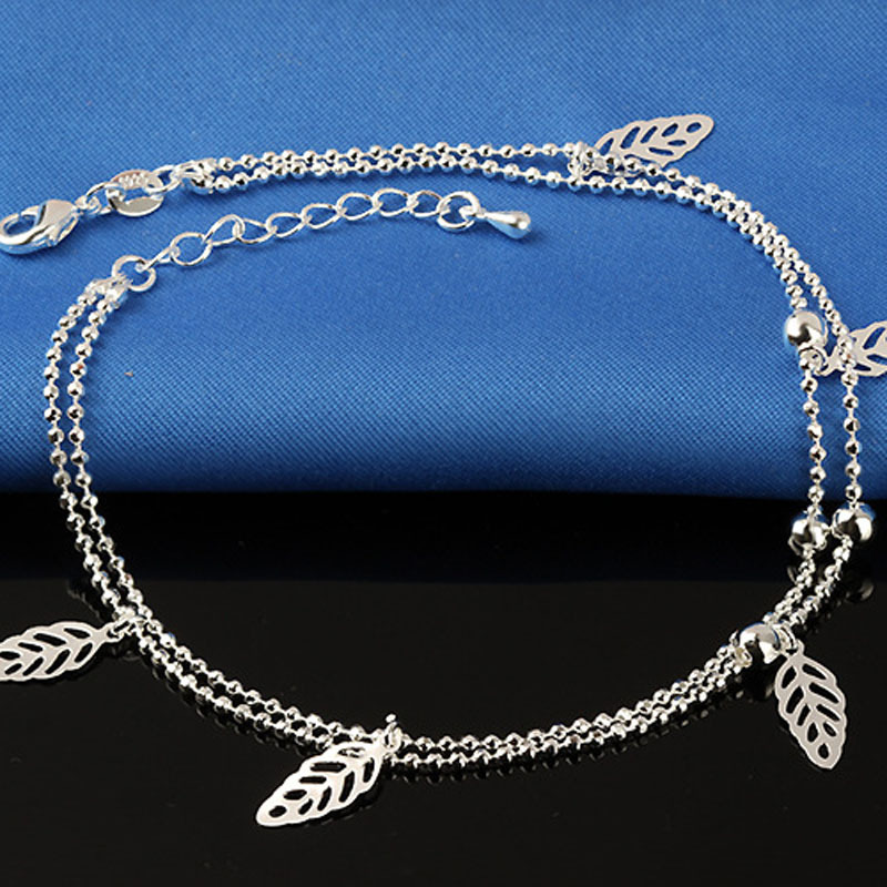 【Cheap】Double Line Leaf Bead Chain Imitation Silver Anklet Girl Fashion Korean Style Simple Cute Elegant Jewelry Gift Jewelry
