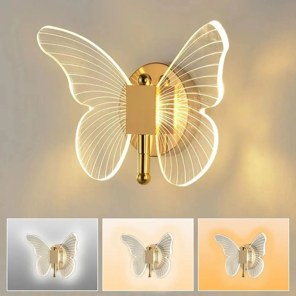 Butterfly LED Wall Lamp Interior Modern Metal Acrylic 220V Wired Wall Lamp Tricolor Adjustment Bedside Wall Light Sconces