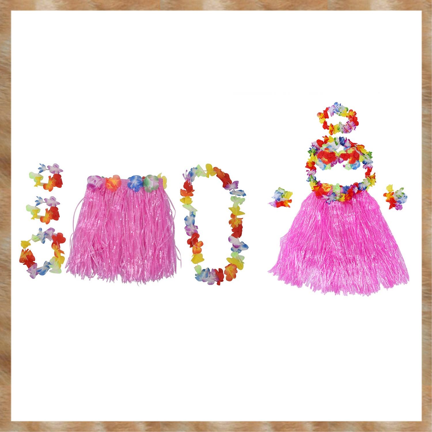 Kqueebee 2 Set Grass Skirt: 1 Set 6 Pcs Hawaiian Grass Skirt Flower Hula Lei Wristband Garland Fancy Dress Costume & 1 Set Pink Children Hawaiian Grass Skirt Hula Luau Party