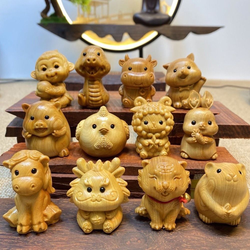 Snake Year Twelve Zodiac Wood Carving Twelve Zodiac Wooden Zodiac Cute Wood Carving Miniature Ornaments Small Animal Handicraft Wood Little Animal Model Home Decoration