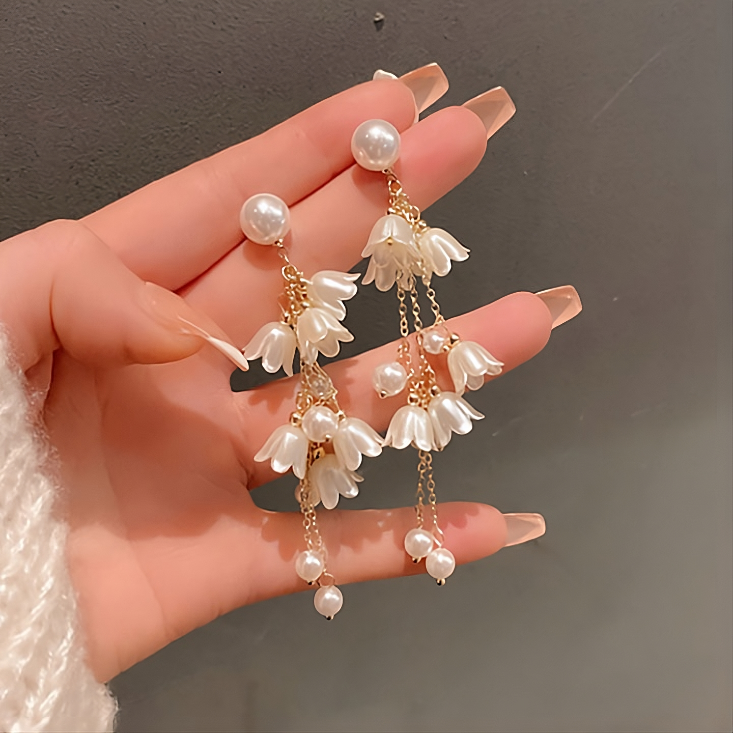 Natural Crystal Pearl Lily of the Valley Flower Drop Earrings Long Tassel Dangle for Women Jewelry