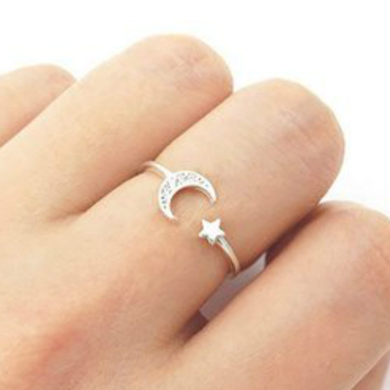 【Special offer】Huajie Wish Women's Korean Style Small Fresh Diamond Moon Star Opening Ring Cute Index Finger Ring for Women