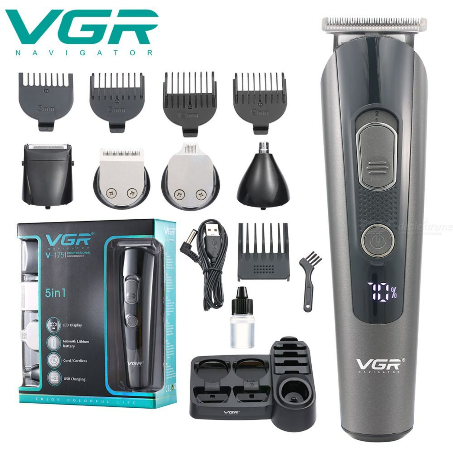 VGR V-175 Trimmer, 5in1 Professional Grooming Kit, Electric Hair Clippers for Men, Professional Cordless Hair Trimmer