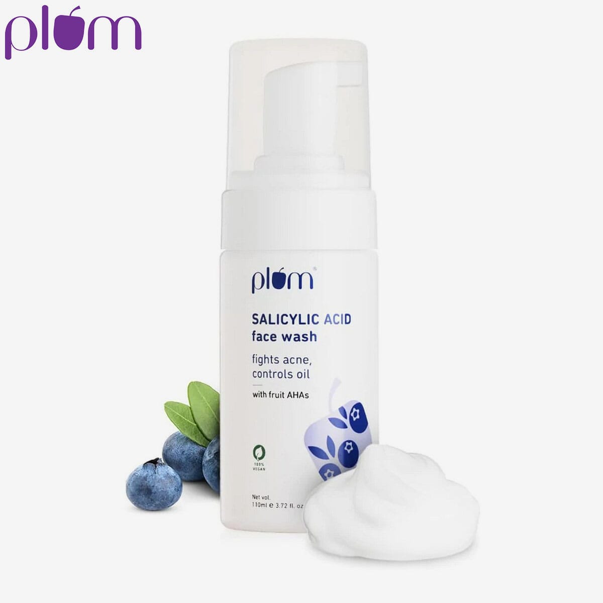 Plum Salicylic Acid Foaming Face Wash with Glycolic Acid, Fruit AHA & Blueberry Extracts- 110ml