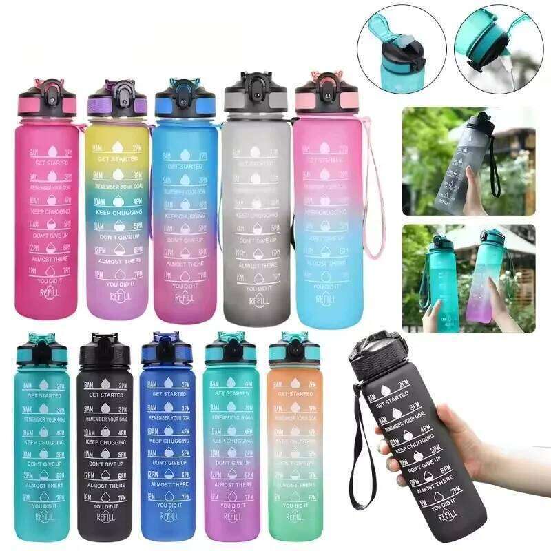 1000ml 2025 New Gradient Color PC Space Outdoor Sports Pop Lid Water Bottle Plastic Straw Mug
