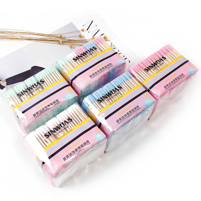 [ Direct Sales ] Xinhui 500 Hardcover Color Hanging Storage Bag Pack of 5 Bamboo Stick Makeup Disposable High Quality Cotton Swab